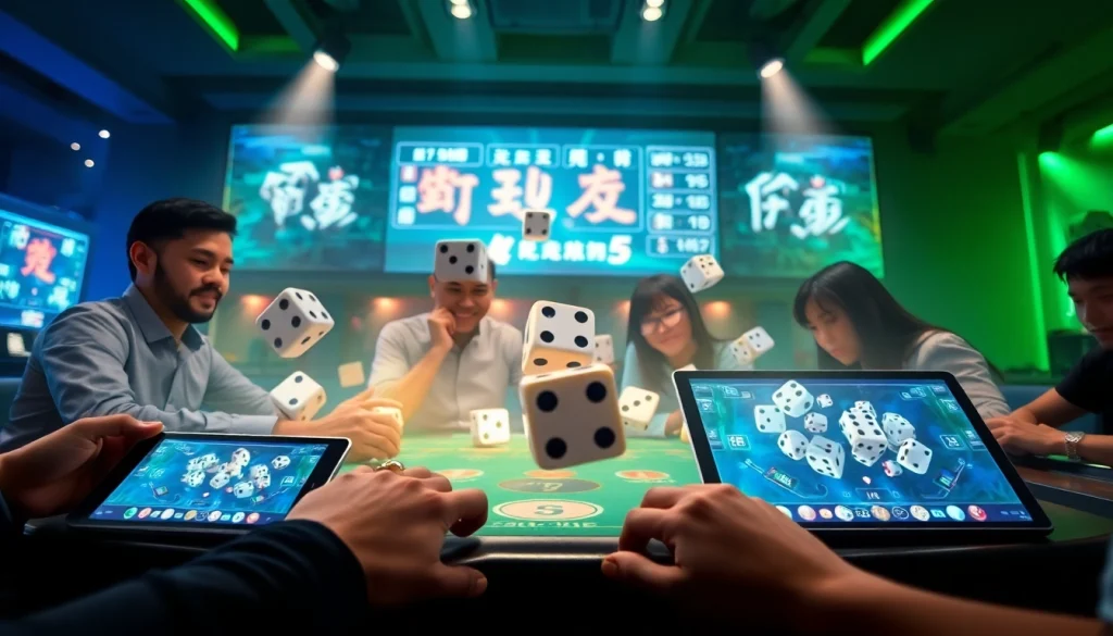 Tài Xỉu MD5 gaming scene with dynamic dice rolling, showcasing exciting online betting atmosphere.