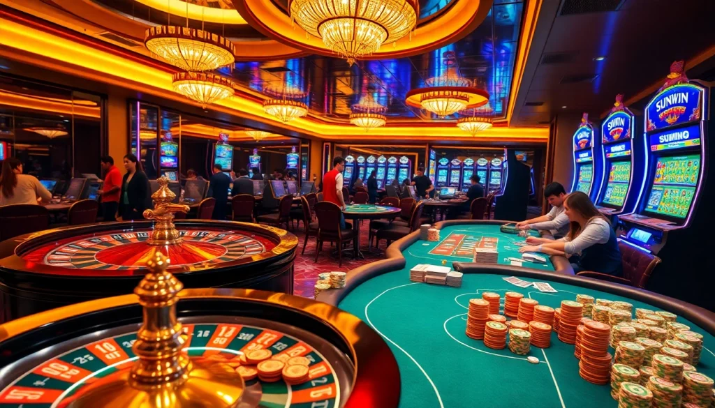 SUNWIN-themed casino scene showcasing colorful poker chips and players at roulette.