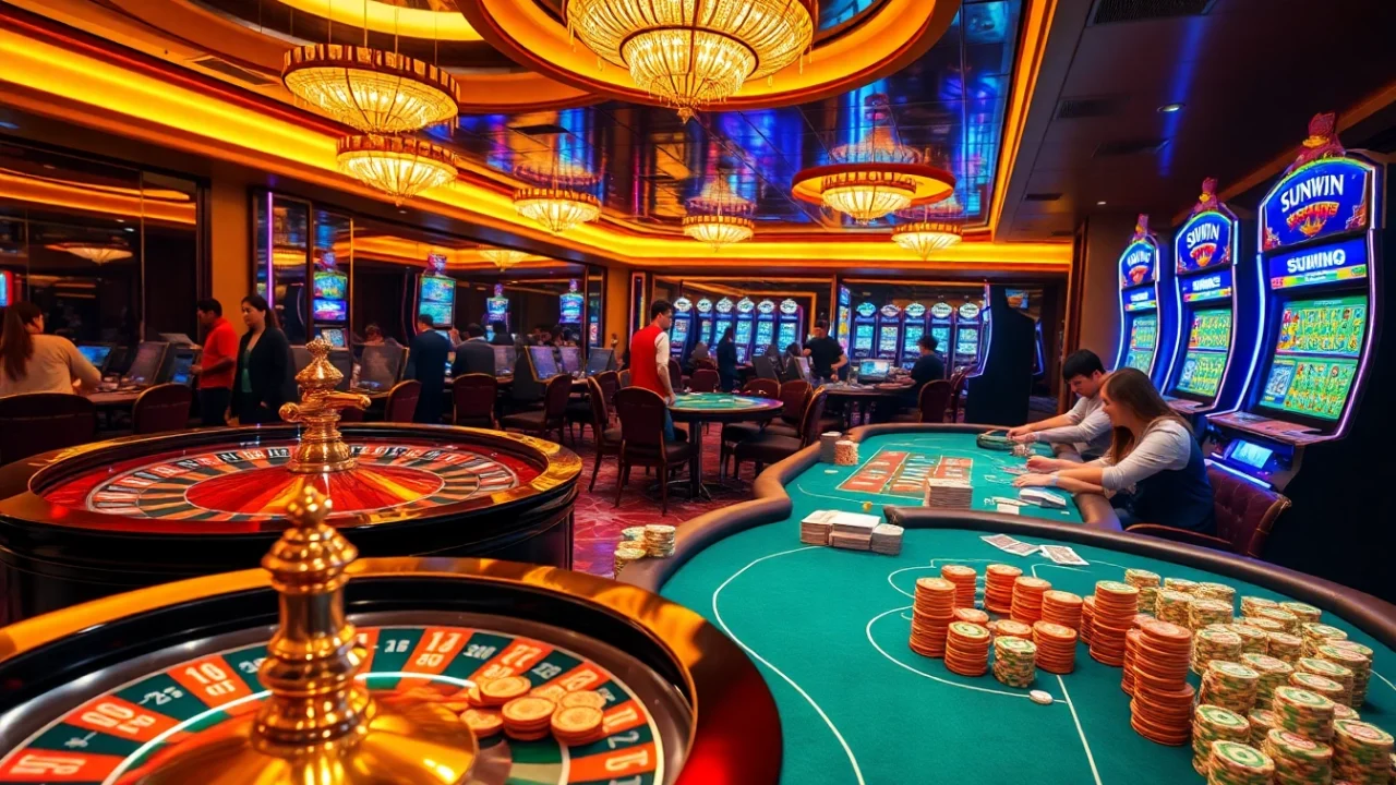 SUNWIN-themed casino scene showcasing colorful poker chips and players at roulette.