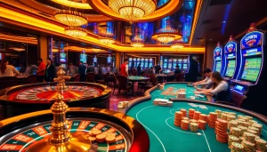 SUNWIN-themed casino scene showcasing colorful poker chips and players at roulette.