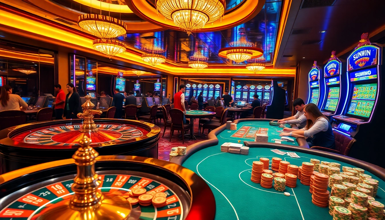 SUNWIN-themed casino scene showcasing colorful poker chips and players at roulette.
