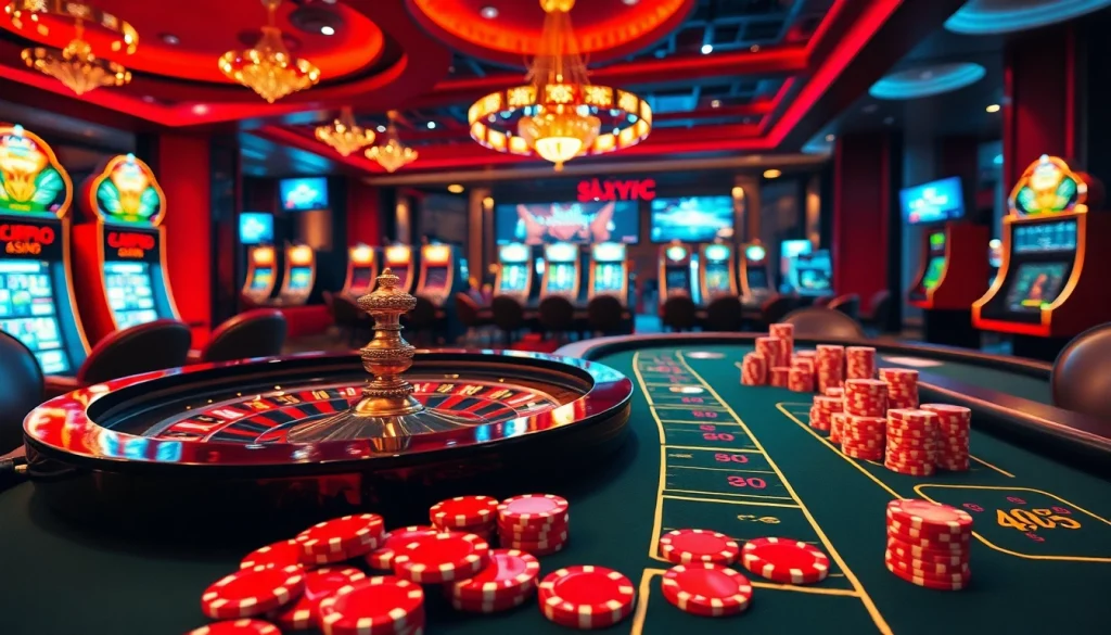 A vibrant casino scene with roulette and poker tables representing the excitement at https://xx88n.org/.