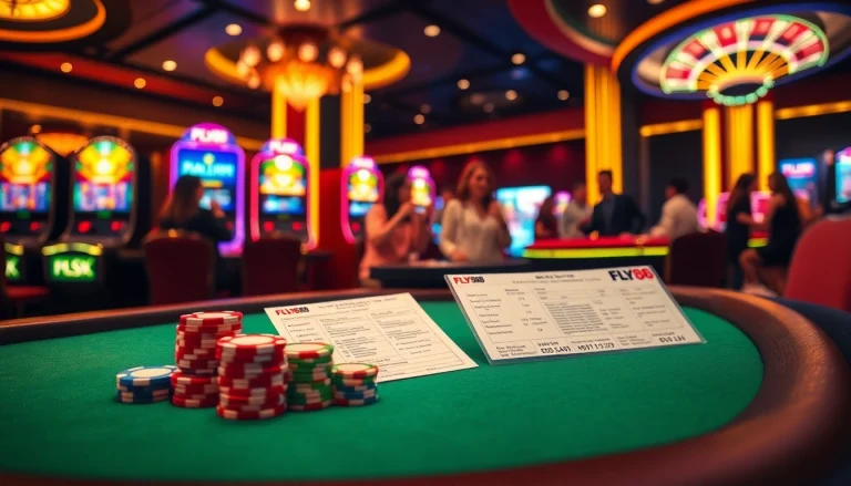 Players enjoy high-stakes gaming at nhà cái FLY88 with vibrant poker chips and roulette excitement.