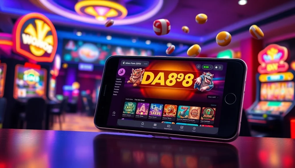 Engaging DA88 app interface displayed on a smartphone in a vibrant gaming atmosphere.