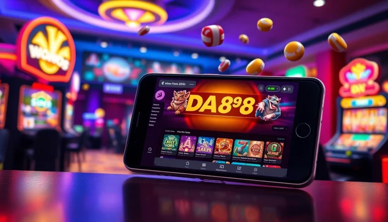 Engaging DA88 app interface displayed on a smartphone in a vibrant gaming atmosphere.