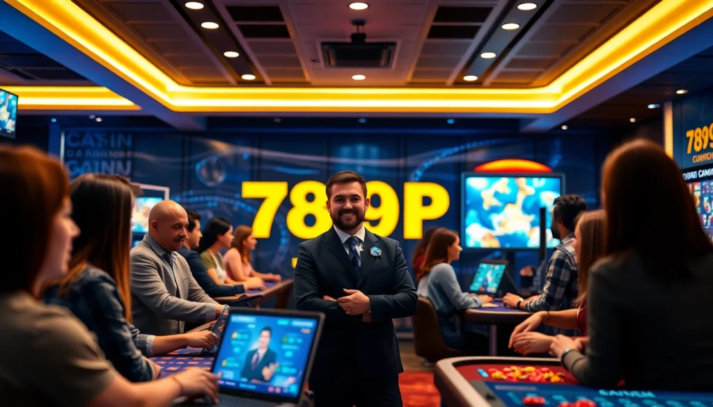 Engaging atmosphere at 789P casino showcasing customer support and players enjoying games.