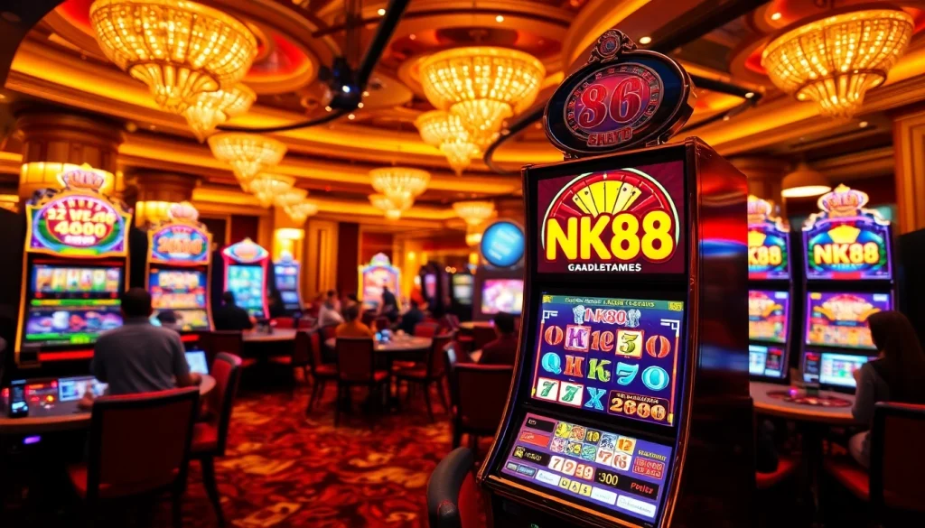 Engaging scene of NK88 Slot machine in a vibrant casino setting with players enjoying games.