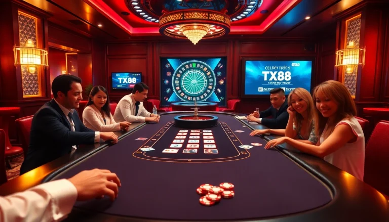 Experience excitement at the TX88 casino poker table with vibrant players, chips, and cards.