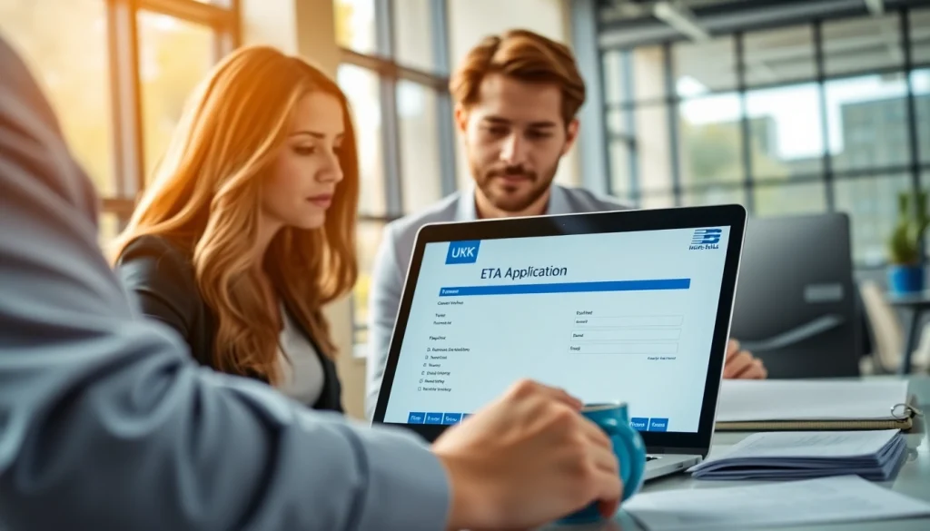 Reviewing the eta uk application form on a laptop in a modern office setting.