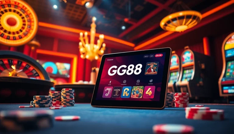 Experience the thrilling atmosphere of GG88 with lively poker chips and roulette wheels.
