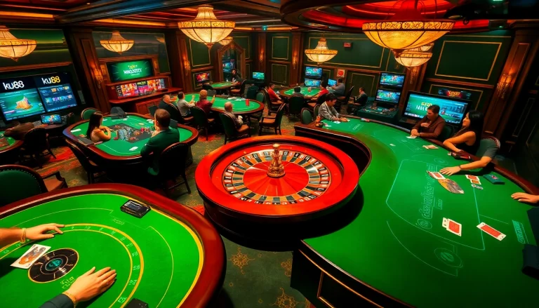 Players enjoying thrilling games at ku88 Casino, featuring vibrant poker and roulette tables.