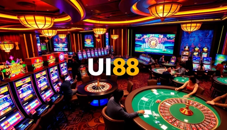 Players enjoy gaming tables in UU88 casino, showcasing vibrant roulette wheels and slot machines.