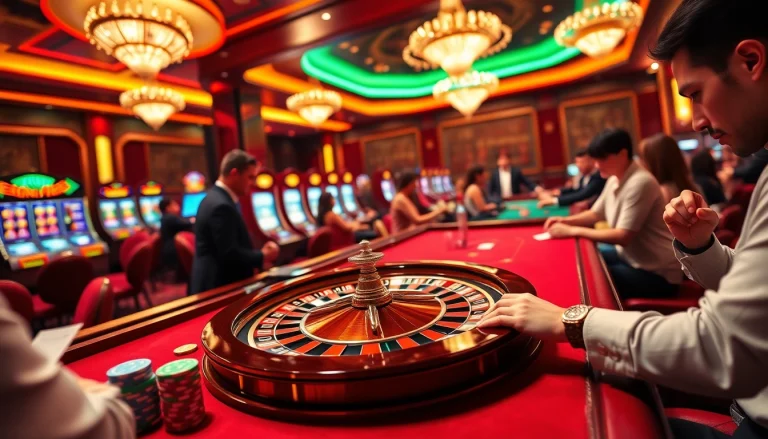 Tg88 casino's vibrant gaming atmosphere with roulette and poker action amid luxury.