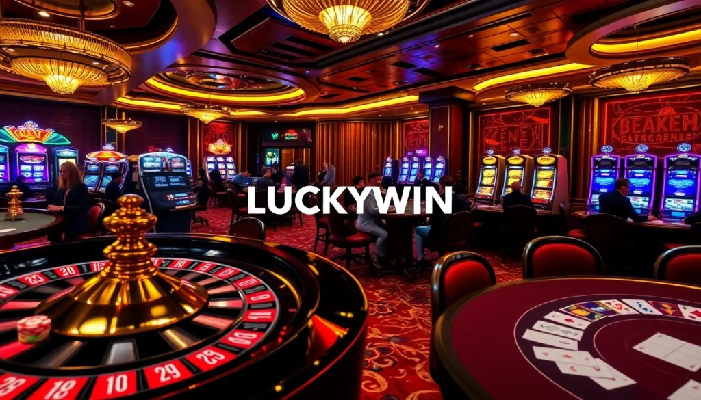 LUCKYWIN casino scene showcasing players at a high-stakes poker game with vibrant roulette wheel.