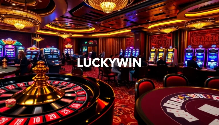 LUCKYWIN casino scene showcasing players at a high-stakes poker game with vibrant roulette wheel.
