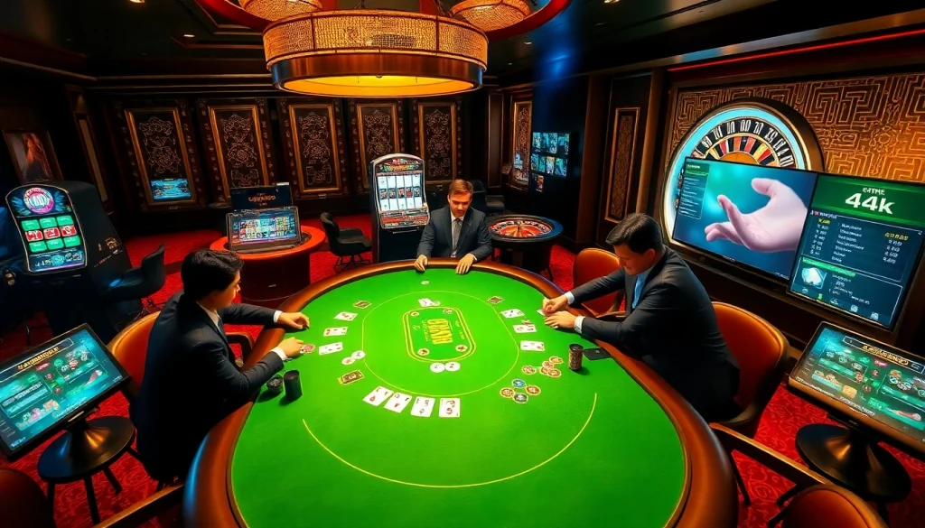 Engaging players at a poker table while interacting with game AI in a luxurious casino setting.