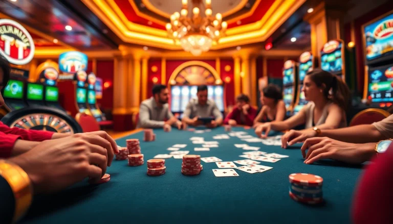 Exciting poker action at a SODO66-themed casino table with vibrant chips and cards.