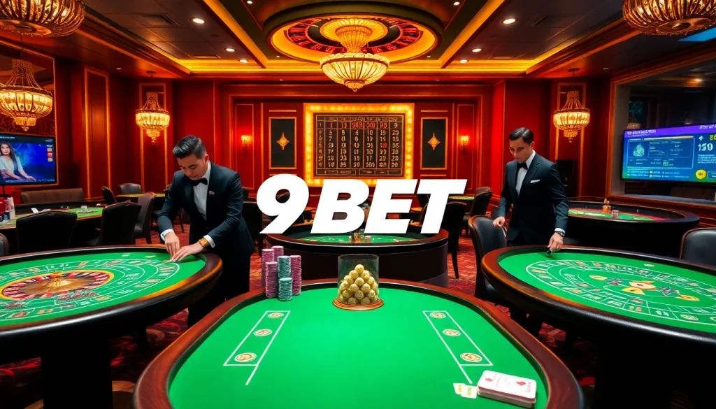 Players enjoying a dynamic casino atmosphere at 9BET, with vibrant tables and chips.
