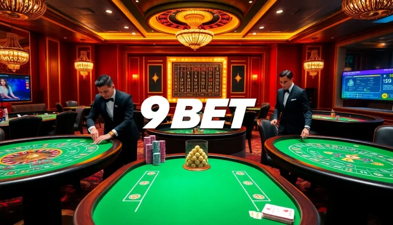Players enjoying a dynamic casino atmosphere at 9BET, with vibrant tables and chips.