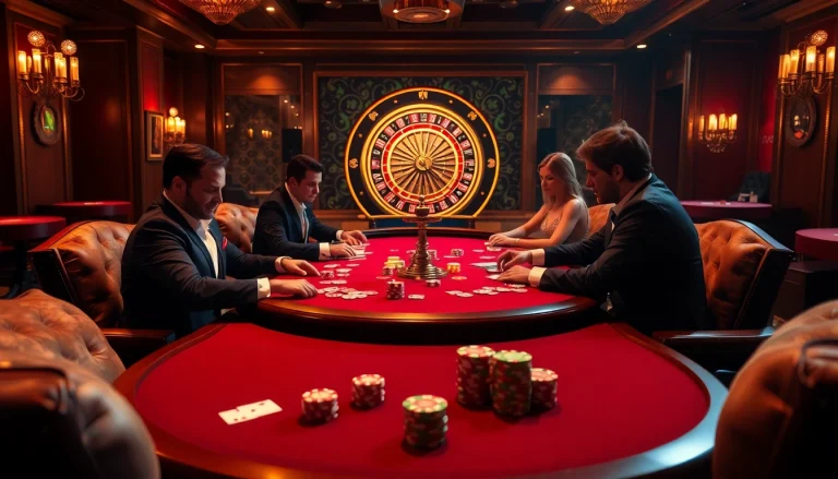 A high-stakes poker game depicting excitement and luxury, highlighting https://vj88.com/ as a top gambling destination.