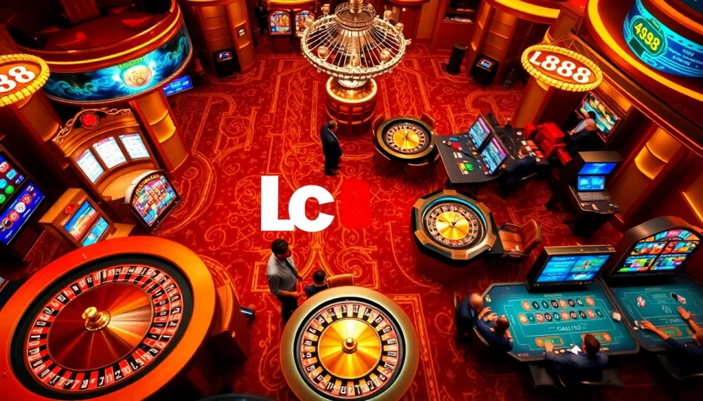 Players enjoying games at https://lc88.onl/ casino, featuring vibrant slots and live dealer tables in a luxurious setting.