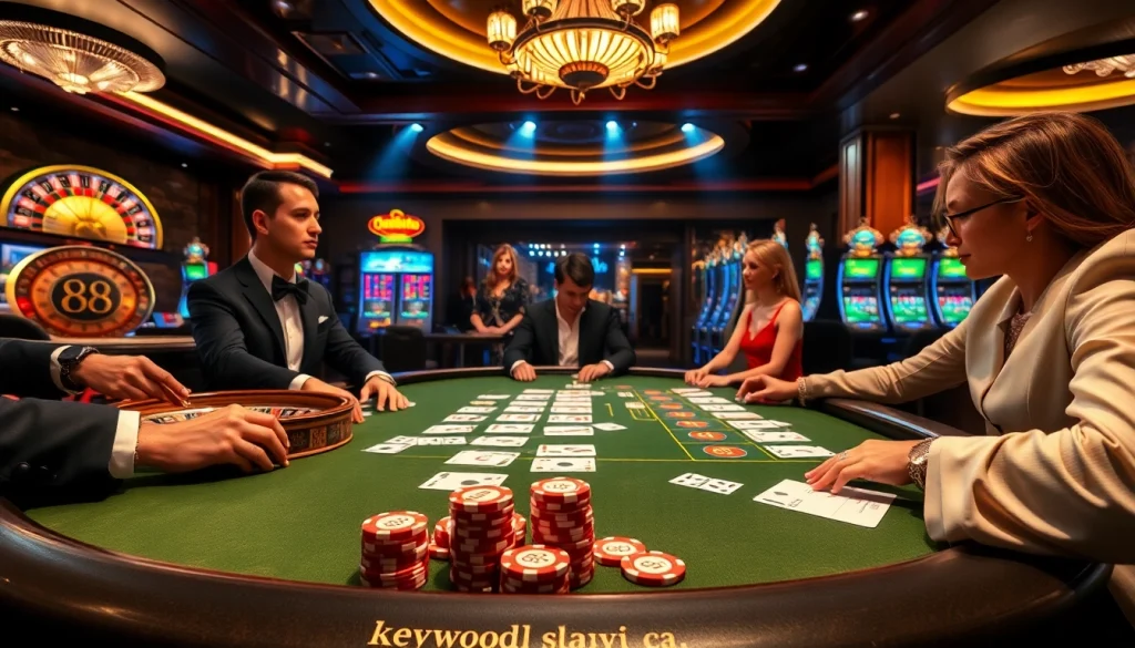 Players strategizing at a glamorous poker table in a casino featuring 88i betting elements.