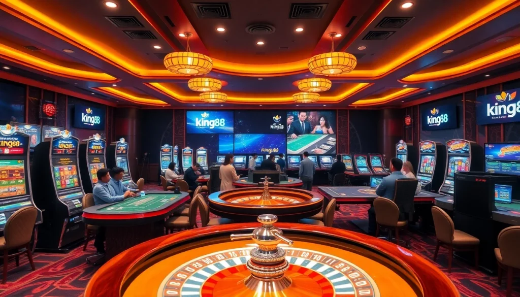 Experience king88's online casino with vibrant, luxurious gaming atmosphere and modern slot machines.