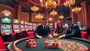 Engaging players at a luxurious keonhacai poker table amidst vibrant casino visuals.