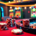 Experience high-stakes excitement at https://em777.live/ with poker chips and cards in a luxurious casino setting.