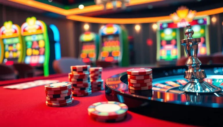 Experience high-stakes excitement at https://em777.live/ with poker chips and cards in a luxurious casino setting.