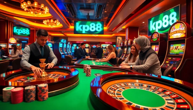 Engaging casino scene featuring kp88 poker chips and a roulette table filled with excitement.
