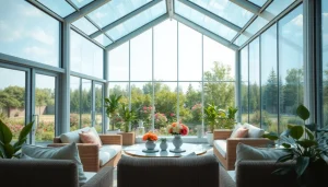 Relax in a beautifully designed solarium room with glass walls and serene garden views.