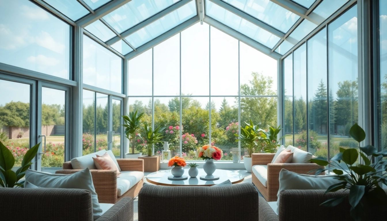 Relax in a beautifully designed solarium room with glass walls and serene garden views.