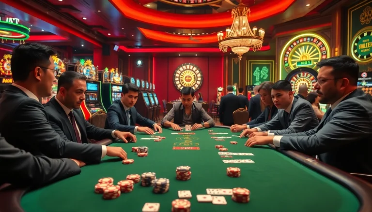 Players enjoying intense poker games at gg88 com's luxurious casino atmosphere.