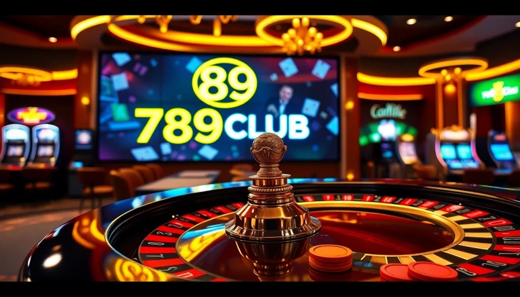 Experience the excitement of 789CLUB with luxurious casino visuals featuring roulette and slot games.