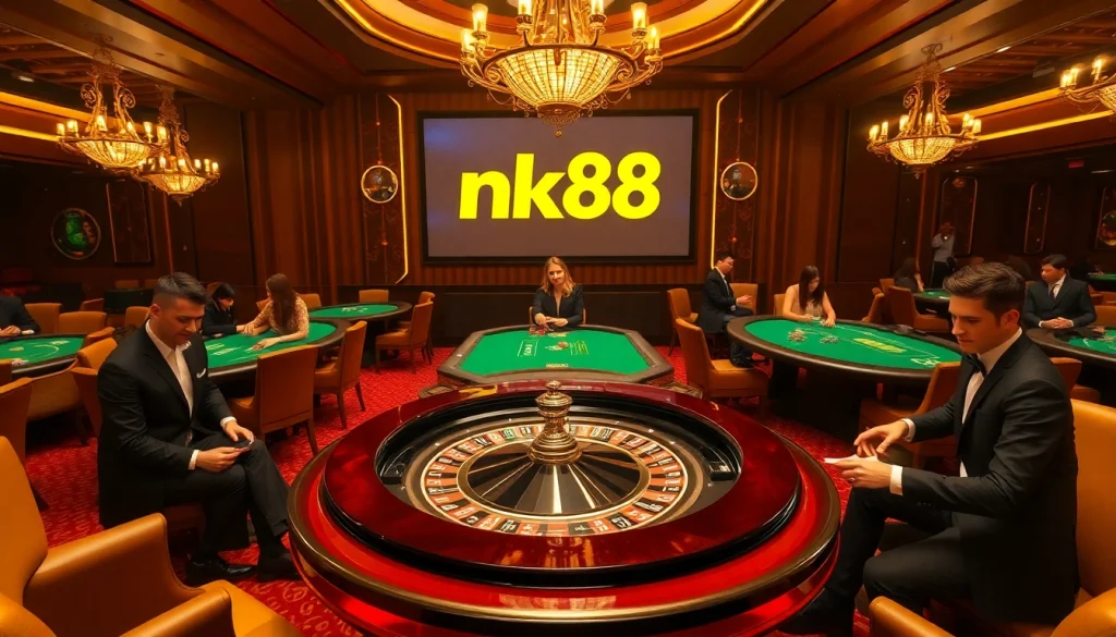 Exciting casino atmosphere featuring nk88 logo on a roulette table, players, and chips.