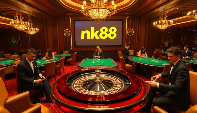 Exciting casino atmosphere featuring nk88 logo on a roulette table, players, and chips.