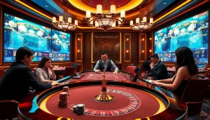 Action-packed gambling scene at nhà cái OKFUN casino featuring poker and roulette tables.