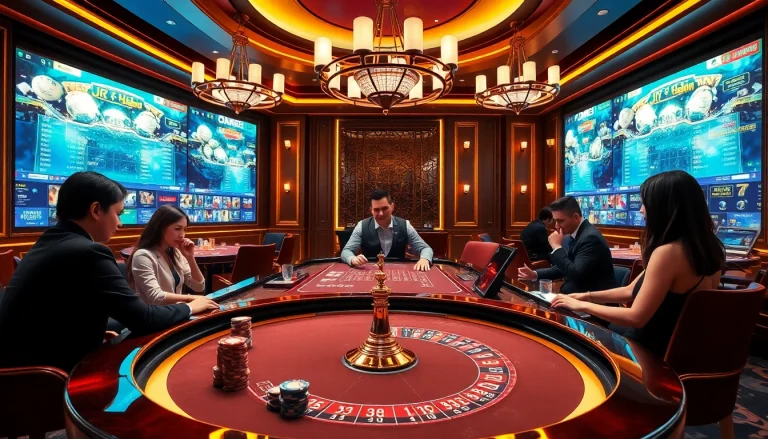 Action-packed gambling scene at nhà cái OKFUN casino featuring poker and roulette tables.