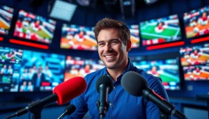 Engaging sports broadcasting studio with news anchor in action, highlighting Sports Broadcasting.
