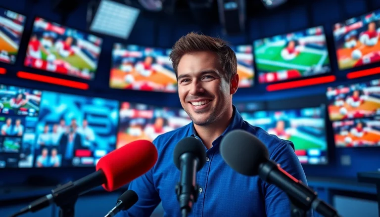 Engaging sports broadcasting studio with news anchor in action, highlighting Sports Broadcasting.