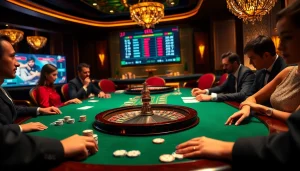 Engage in the thrill of EEJL poker with players at an elegant table, surrounded by vibrant gaming elements.