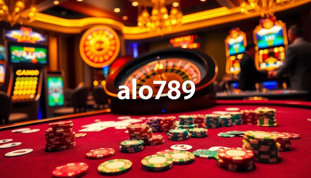 A thrilling online gambling experience at ALO789 with colorful chips and casino tables.