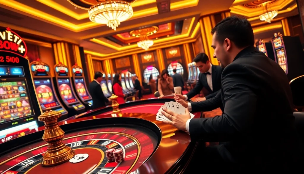 Players engaging in high-stakes gaming at bem88 casino, surrounded by vibrant slot machines and atmosphere.
