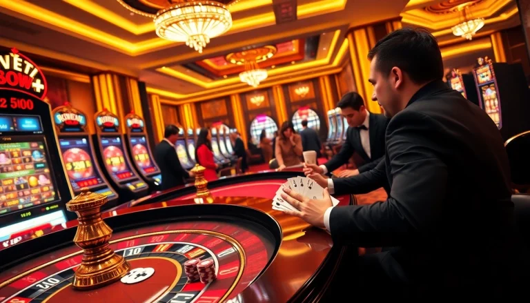 Players engaging in high-stakes gaming at bem88 casino, surrounded by vibrant slot machines and atmosphere.