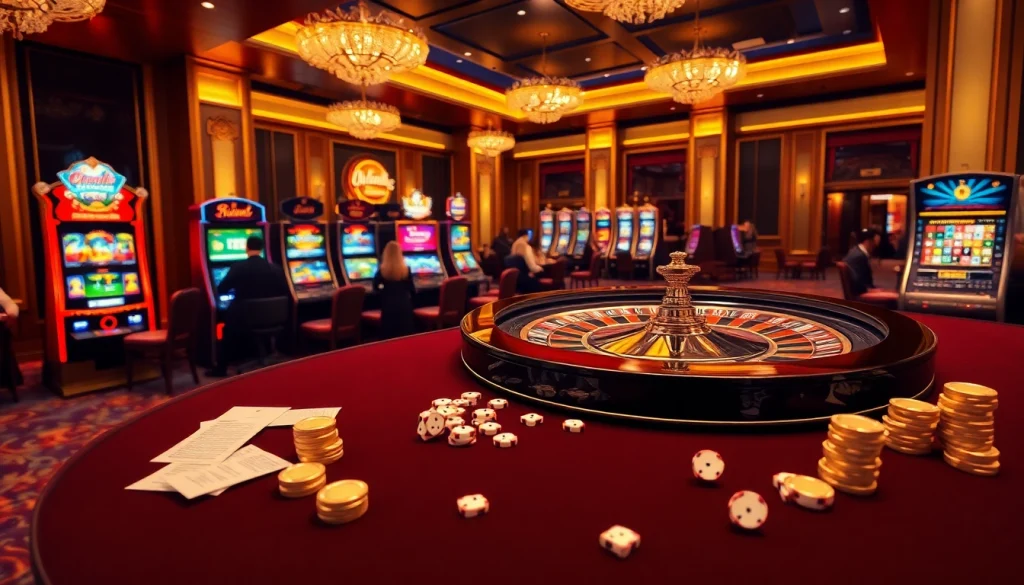 Exciting casino scene at https://fc88.de.com/ featuring roulette, slot machines, and poker chips.