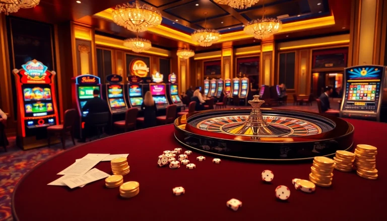 Exciting casino scene at https://fc88.de.com/ featuring roulette, slot machines, and poker chips.