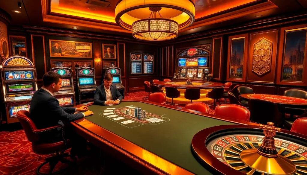 Players enjoying high-stakes poker at hay.win, immersed in an upscale casino ambiance with luxurious decor.