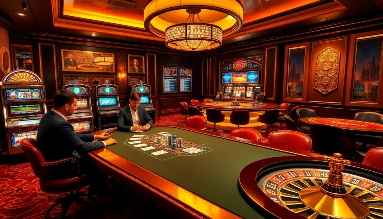 Players enjoying high-stakes poker at hay.win, immersed in an upscale casino ambiance with luxurious decor.