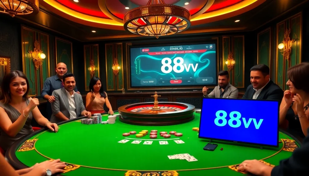 88vv players strategizing at a high-stakes poker table in a luxurious casino setting